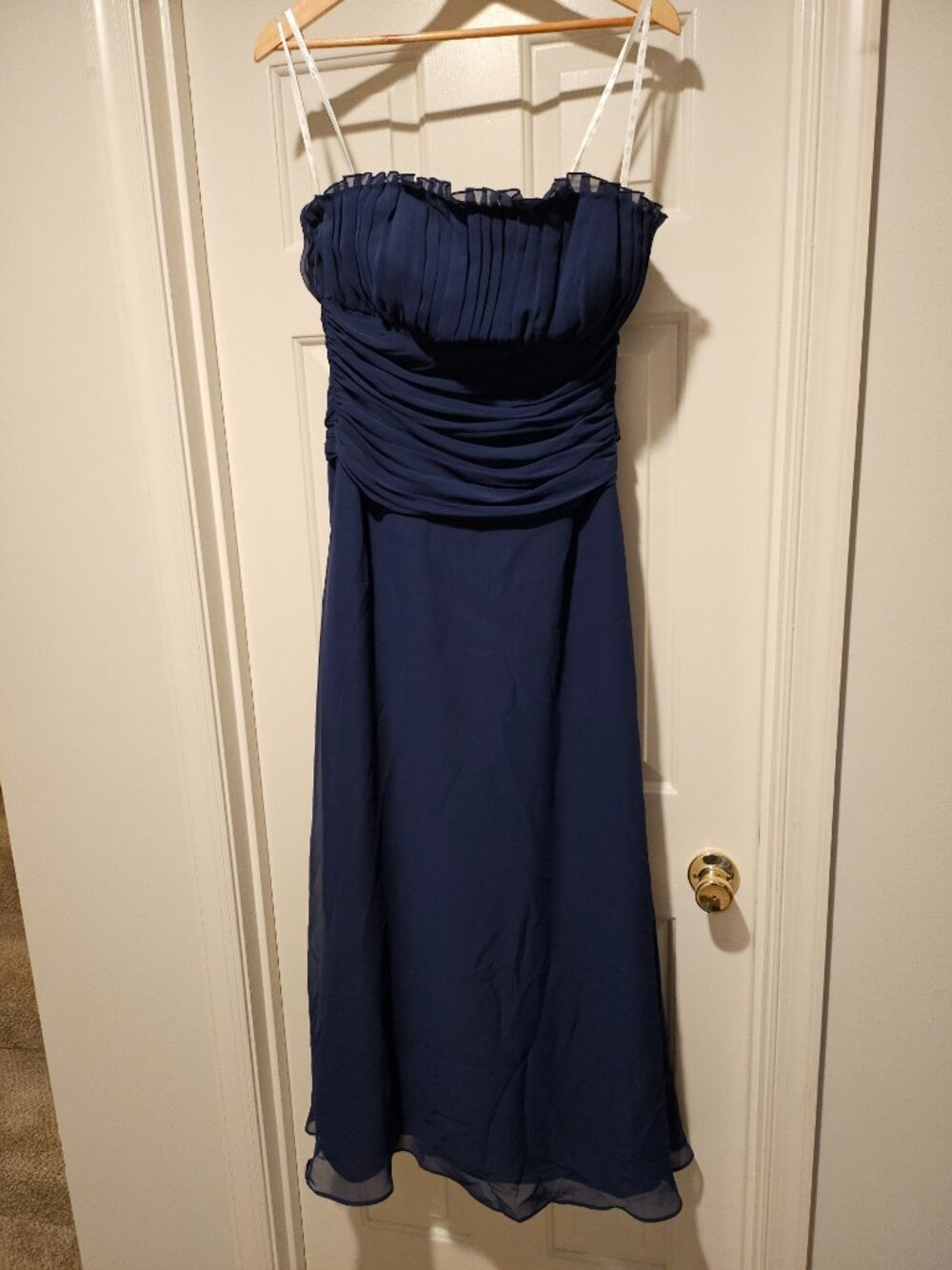 Title: B2 Navy Blue Strapless Ruched Chiffon Formal Dress Size 10